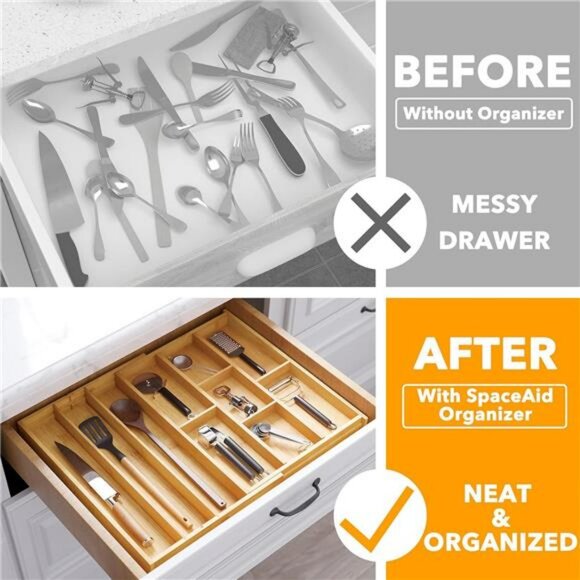 Expandable bamboo silverware drawer organizer utensil flatware cutlery tray hold - Picture 3 of 7